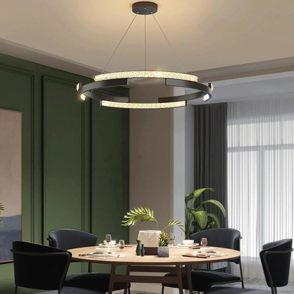 لوستر حلقه‌ای 50 سانتی‌متری، چراغ آویز LED اتاق ناهارخوری، چراغ سقفی قابل تنظیم اتاق نشیمن و اتاق خواب با کنترل از راه دور، لوستر مشکی با قابلیت تنظیم نور، 3 رنگ