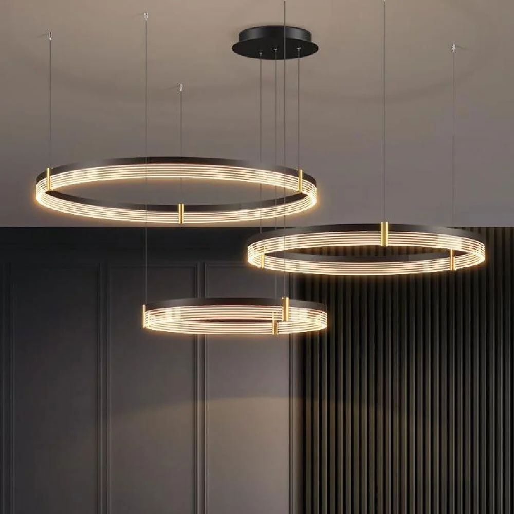 لوستر آویز کریستالی 3 حلقه ای LED، چراغ آویز سقفی LED دیمر پذیر مشکی قابل تنظیم، لوسترهای گرد مدرن اتاق نشیمن، آویز بزرگ اواسط قرن