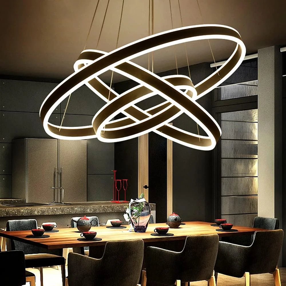 لوستر بزرگ ال ای دی 150 وات مشکی، لوستر دایره ای سه حلقه ای با قابلیت تنظیم نور، 40+60+80 سانتی متر، چراغ آویز توکار اتاق نشیمن