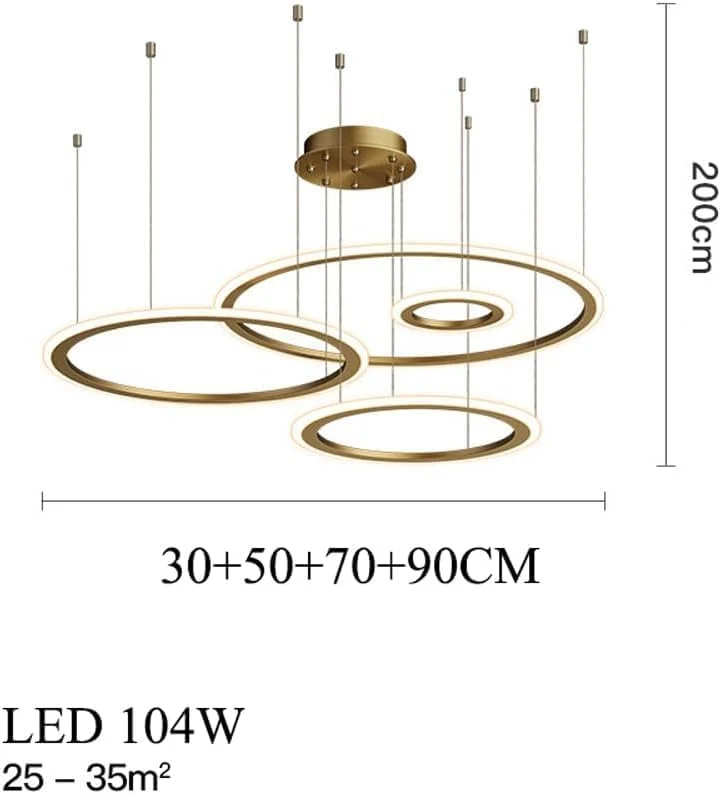 چراغ آویز LED بزرگ 4 حلقه ای به سبک اواسط قرن، لوستر طلایی سقفی با نور سفید گرم 3000K، مدل دایره ای، طرح وینتیج مناسب اتاق نشیمن، رستوران، آشپزخانه و راهرو