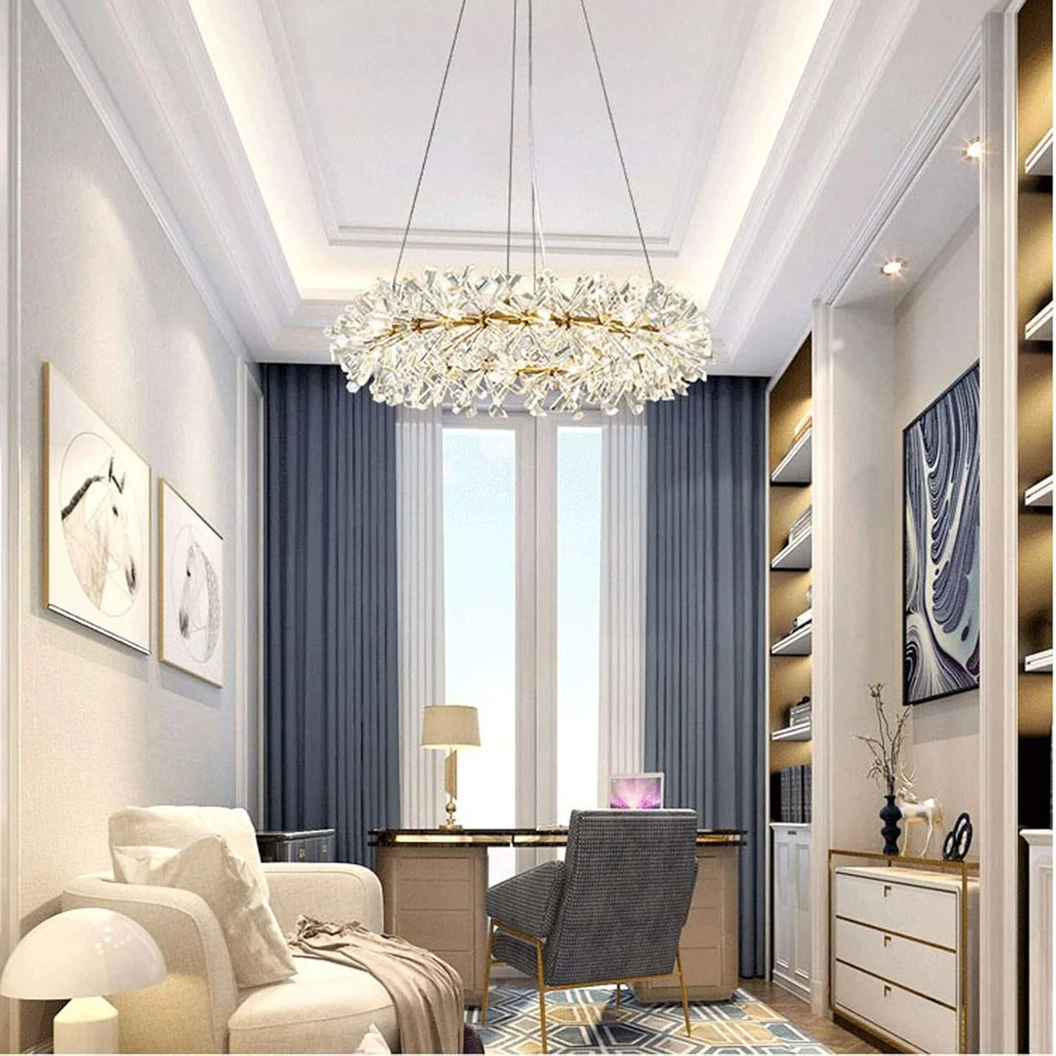 لوستر مدرن و لوکس، چراغ سقفی کریستالی K9 گرد، لوستر حلقه‌ای مناسب اتاق نشیمن و اتاق خواب - طلایی 80x18 سانتی متر