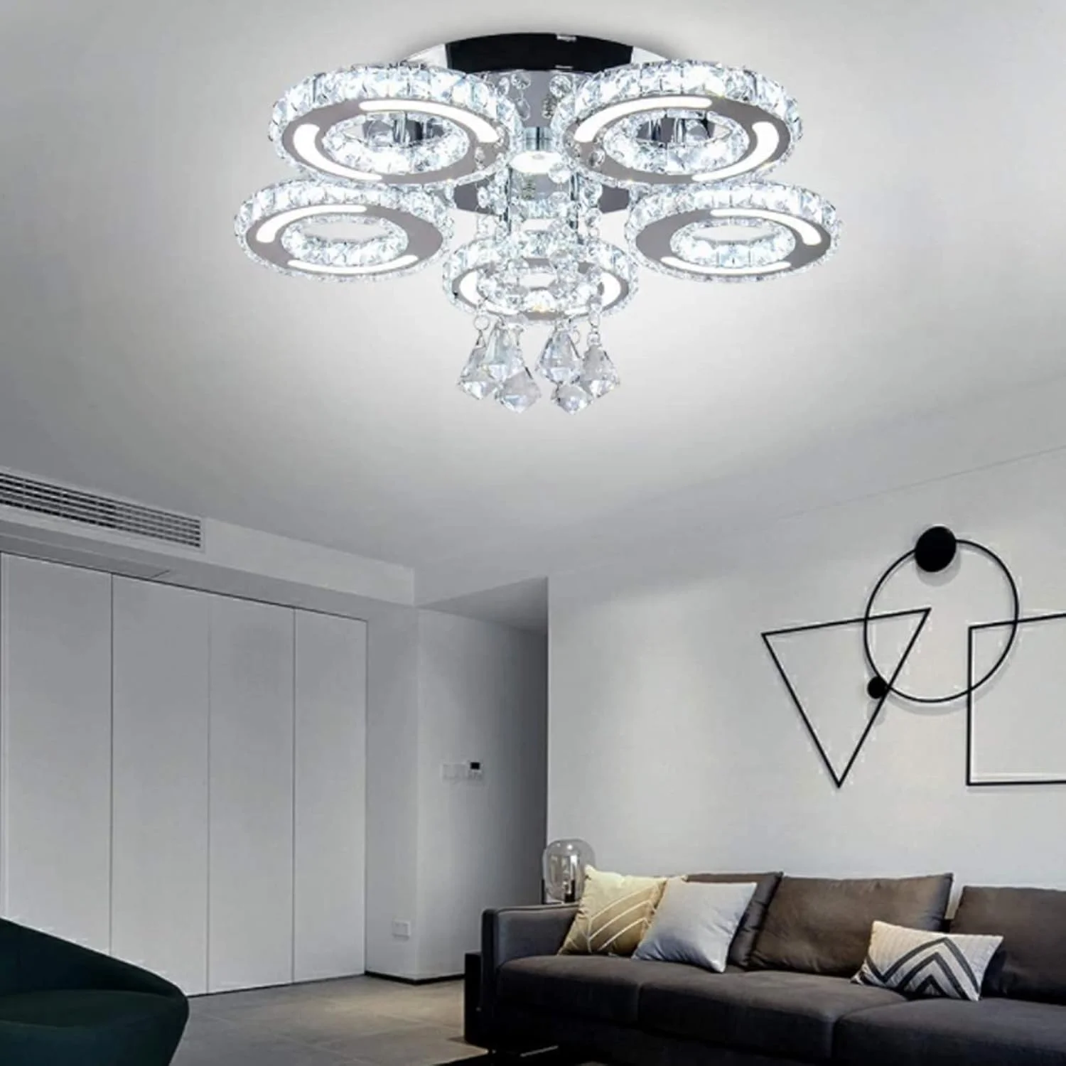 لوستر مدرن آویز سقفی چراغ LED سقفی 5 حلقه استیل ضد زنگ کریستالی فرورفته برای اتاق غذاخوری و اتاق خواب