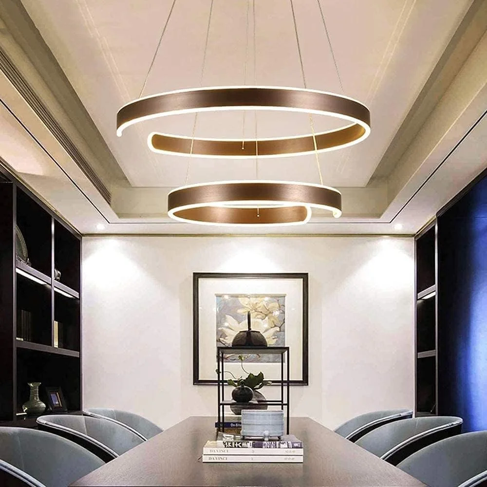 لوستر ال ای دی 125 وات با قابلیت تنظیم نور و کنترل از راه دور، لوستر مدرن 2 حلقه ای ال ای دی مناسب برای ناهارخوری، چراغ آویز سقفی با قابلیت تنظیم ارتفاع