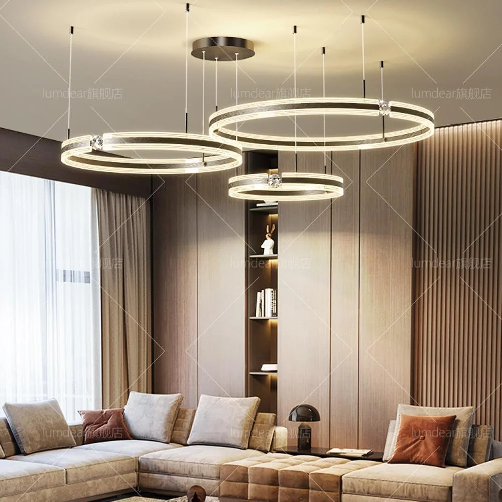 لوسترهای ال ای دی، لوستر کریستالی مدرن اواسط قرن، چراغ آویز 3 حلقه ای اتاق نشیمن، میز ناهار خوری، اتاق خواب، لوستر دایره ای یکپارچهسازی با سیستمعامل هتل، لوستر مشکی دیمر دار برای سرسرا
