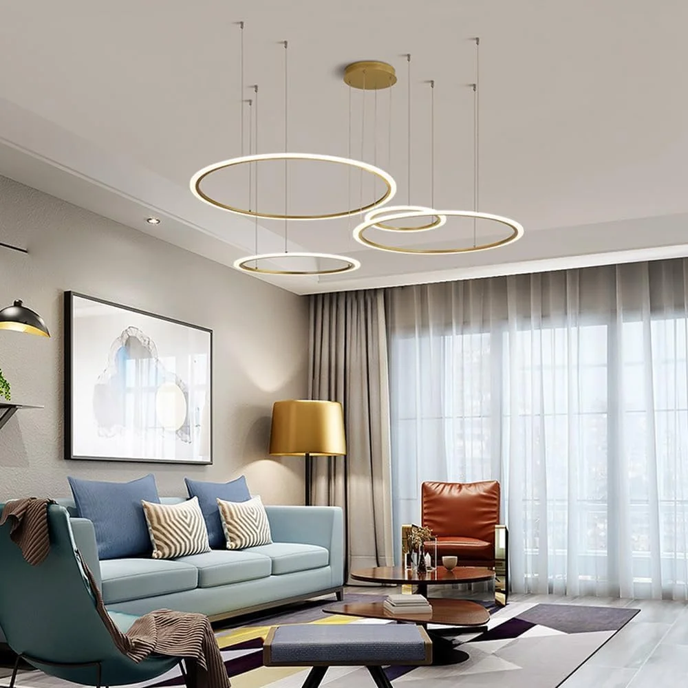 چراغ آویز LED بزرگ 4 حلقه ای به سبک اواسط قرن، لوستر طلایی سقفی با نور سفید گرم 3000K، مدل دایره ای، طرح وینتیج مناسب اتاق نشیمن، رستوران، آشپزخانه و راهرو