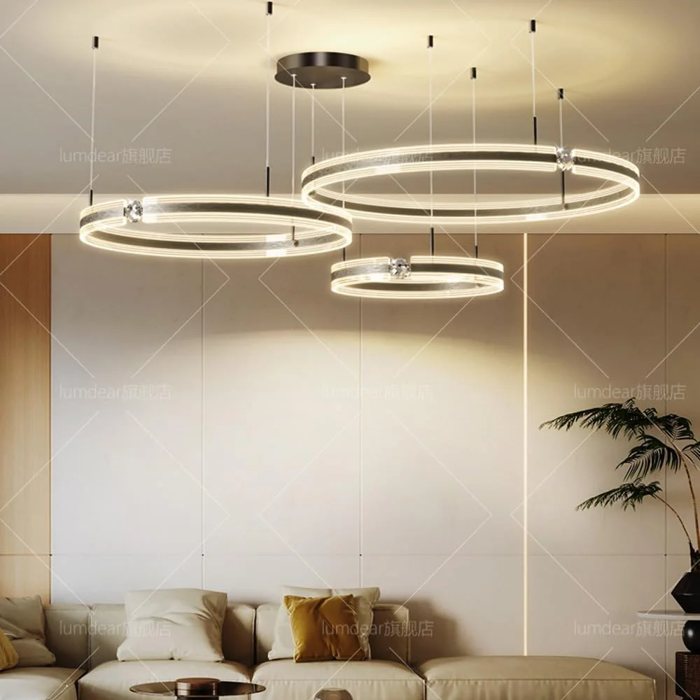 لوسترهای ال ای دی، لوستر کریستالی مدرن اواسط قرن، چراغ آویز 3 حلقه ای اتاق نشیمن، میز ناهار خوری، اتاق خواب، لوستر دایره ای یکپارچهسازی با سیستمعامل هتل، لوستر مشکی دیمر دار برای سرسرا