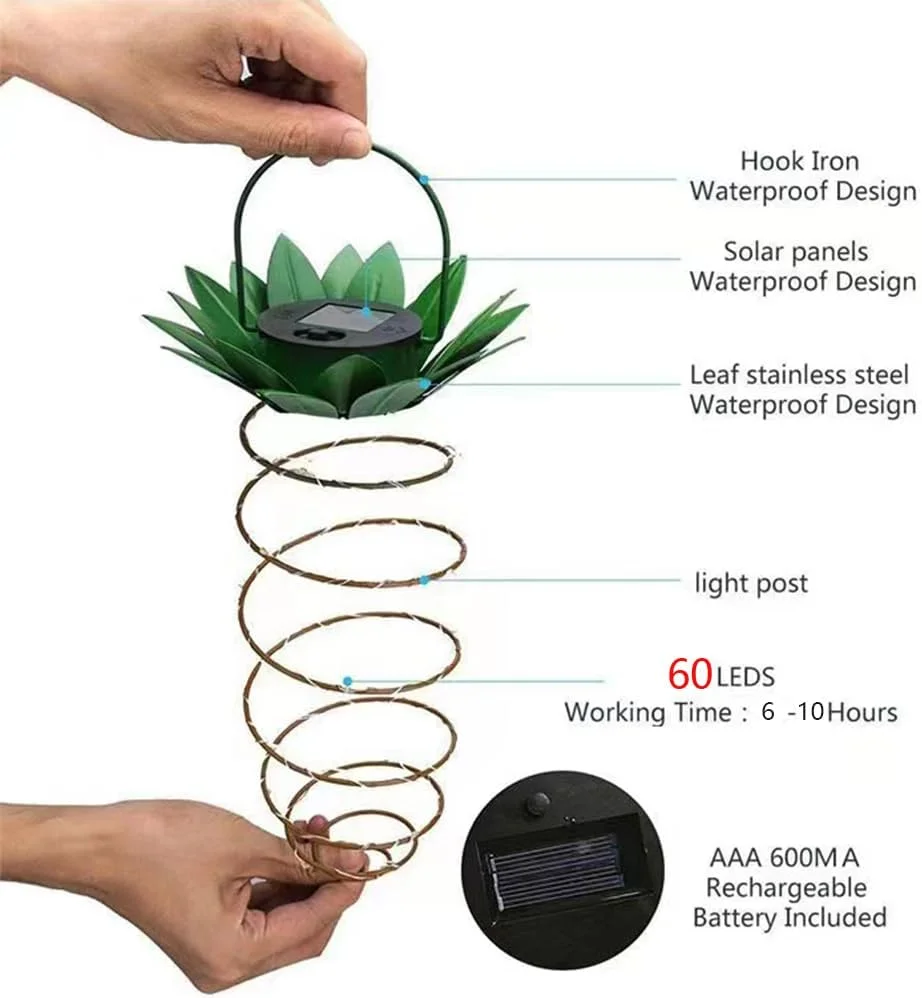 لوسترهای آناناسی خورشیدی YZYOE با 60 LED نور گرم، چراغ های سیمی مسی و آهنی LED، چراغ های تزئینی حیاط بیرونی، چراغ های خیابانی محوطه.