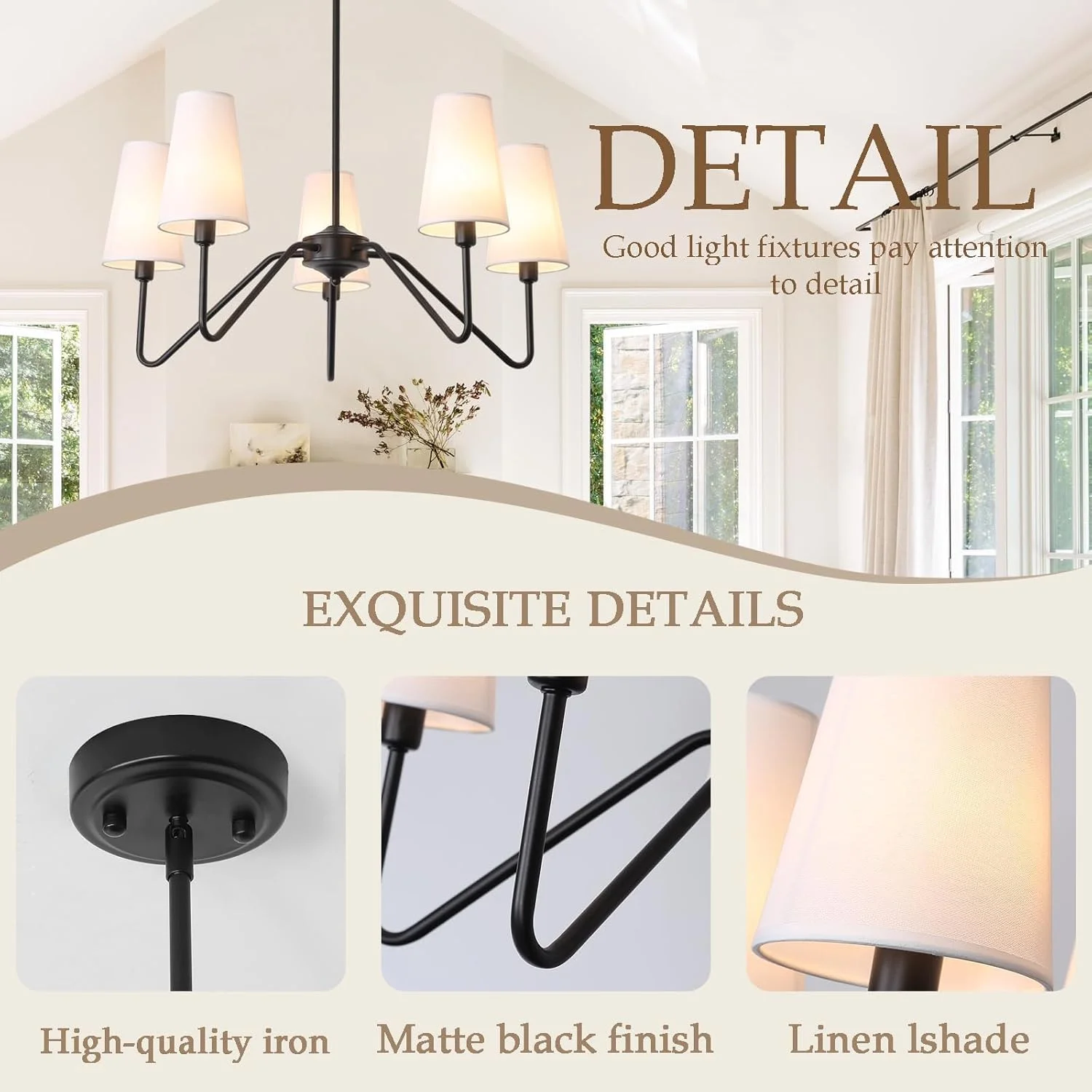 لوستر مدرن اتاق نشیمن ZenithBeam، چراغ آویز مشکی 5 شعله 76 سانتی متری E14 با آباژور پارچه ای کتانی سفید، چراغ های داخلی برای آشپزخانه، اتاق خواب، آویز، اتاق نشیمن، راهروی سقف، 200 وات