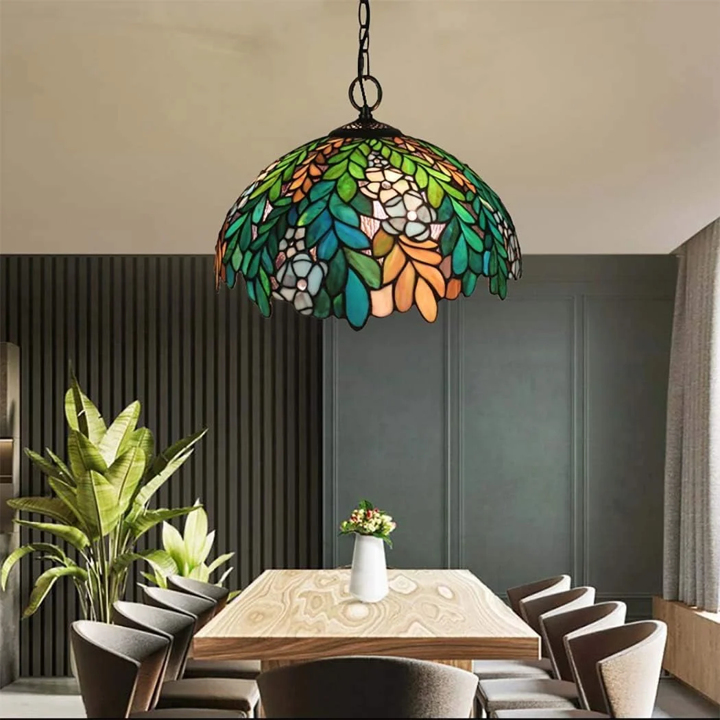 چراغ آویز هنری شیشه ای رنگی به سبک تیفانی وینتیج، چراغ آویز معلق اتاق غذاخوری 16 اینچی برای جزیره آشپزخانه، روشنایی 3 لامپ، E27، 16 اینچ چراغ آویز هنری شیشه ای رنگی به سبک تیفانی وینتیج، چراغ آویز معلق اتاق غذاخوری 16 اینچی برای جزیره آشپزخانه، روشنایی 3 لامپ، E27، 16 اینچ
