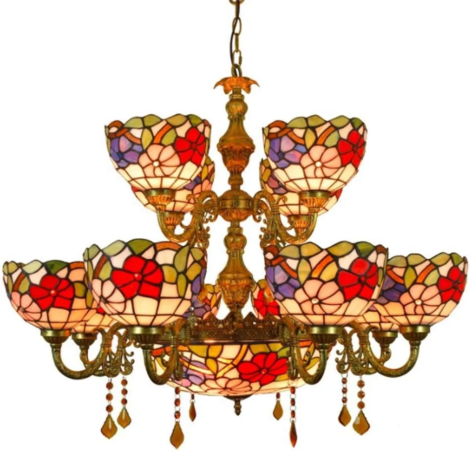 لوستر 12 شاخه شیشه ای رنگی به سبک تیفانی وینتیج با آویز سقفی معکوس 16 اینچی برای اتاق نشیمن، اتاق خواب، هتل، چراغ روشنایی آویز، E27، 40 وات لوستر 12 شاخه شیشه ای رنگی به سبک تیفانی وینتیج با آویز سقفی معکوس 16 اینچی برای اتاق نشیمن، اتاق خواب، هتل، چراغ روشنایی آویز، E27، 40 وات