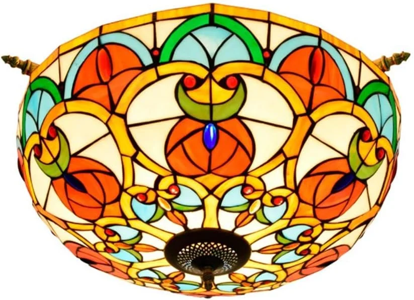چراغ سقفی به سبک تیفانی وینتیج با لوستر شیشه ای رنگی دست ساز 20 اینچی، چراغ سقفی توکار مناسب اتاق خواب و نشیمن، 40 وات، E27*5