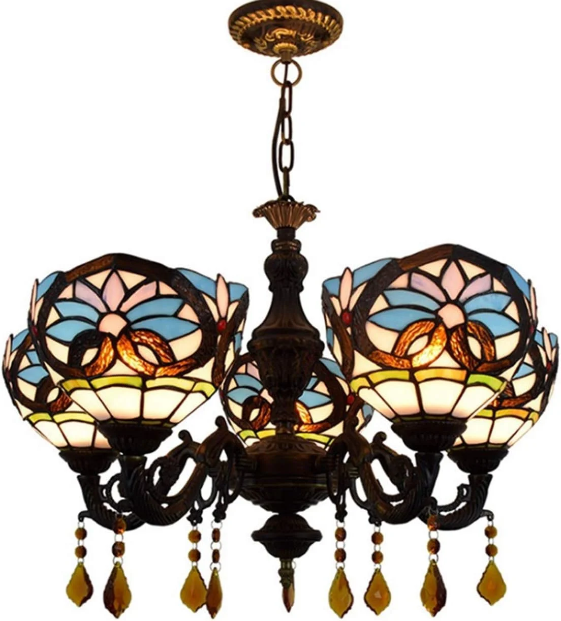 لوستر باروک 5 شاخه شیشه ای رنگی به سبک تیفانی با آباژور 8 اینچی، مناسب اتاق نشیمن لوستر باروک 5 شاخه شیشه ای رنگی به سبک تیفانی با آباژور 8 اینچی، مناسب اتاق نشیمن