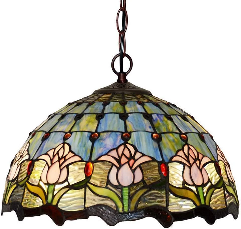 لوستر آویز سبک تیفانی وینتیج 15.7 اینچی با حباب گل لاله شیشه ای رنگی، مناسب اتاق نشیمن و اتاق خواب لوستر آویز سبک تیفانی وینتیج 15.7 اینچی با حباب گل لاله شیشه ای رنگی، مناسب اتاق نشیمن و اتاق خواب