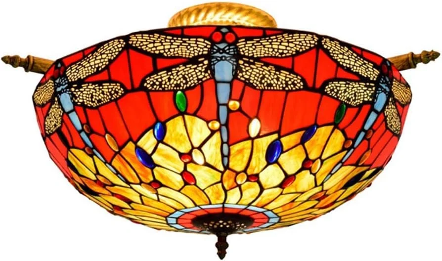 چراغ سقفی تيفانى مدل وینتج، چراغ آویز شیشه ای رنگی طرح سنجاقک، مناسب برای نورپردازی دکوراتیو اتاق خواب و اتاق غذاخوری، 40 وات، E27*5، 20 اینچ