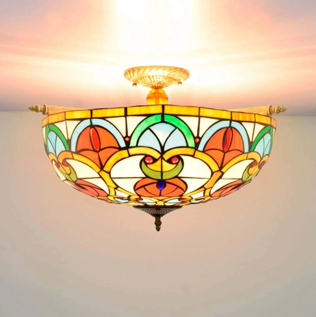 چراغ سقفی به سبک تیفانی وینتیج با لوستر شیشه ای رنگی دست ساز 20 اینچی، چراغ سقفی توکار مناسب اتاق خواب و نشیمن، 40 وات، E27*5