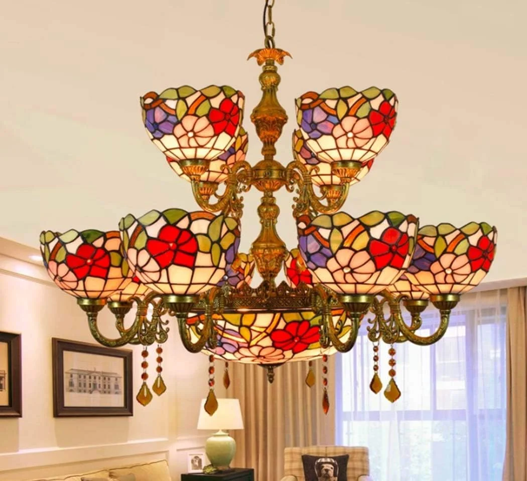 لوستر 12 شاخه شیشه ای رنگی به سبک تیفانی وینتیج با آویز سقفی معکوس 16 اینچی برای اتاق نشیمن، اتاق خواب، هتل، چراغ روشنایی آویز، E27، 40 وات لوستر 12 شاخه شیشه ای رنگی به سبک تیفانی وینتیج با آویز سقفی معکوس 16 اینچی برای اتاق نشیمن، اتاق خواب، هتل، چراغ روشنایی آویز، E27، 40 وات