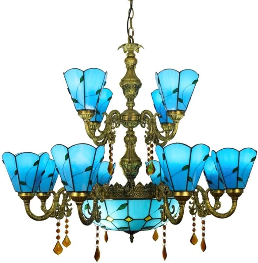 لوستر سبک تیفانی وینتیج با آویز سقفی دولایه شیشه ای رنگی آبی زیبا، مناسب برای دکوراسیون اتاق نشیمن، اتاق خواب، هتل و روشنایی