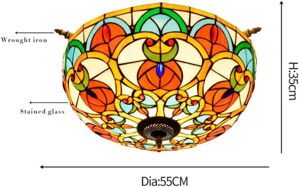 چراغ سقفی به سبک تیفانی وینتیج با لوستر شیشه ای رنگی دست ساز 20 اینچی، چراغ سقفی توکار مناسب اتاق خواب و نشیمن، 40 وات، E27*5