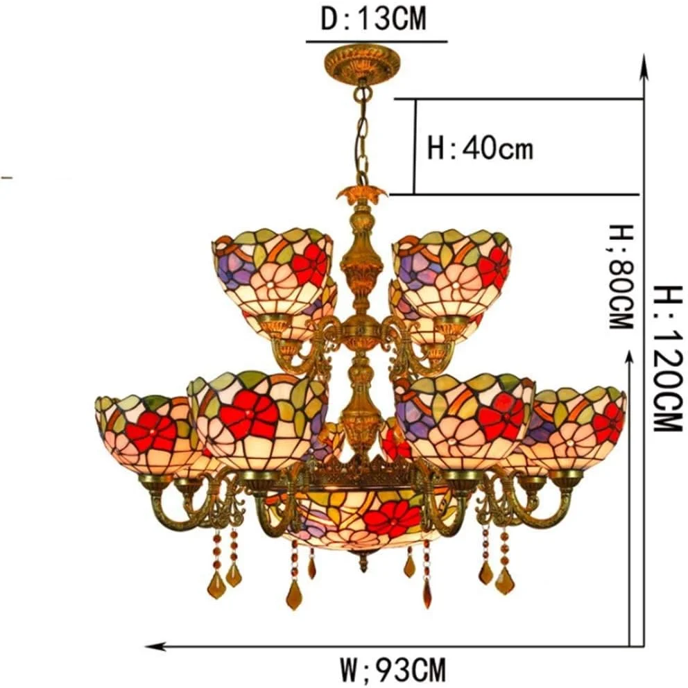 لوستر 12 شاخه شیشه ای رنگی به سبک تیفانی وینتیج با آویز سقفی معکوس 16 اینچی برای اتاق نشیمن، اتاق خواب، هتل، چراغ روشنایی آویز، E27، 40 وات لوستر 12 شاخه شیشه ای رنگی به سبک تیفانی وینتیج با آویز سقفی معکوس 16 اینچی برای اتاق نشیمن، اتاق خواب، هتل، چراغ روشنایی آویز، E27، 40 وات
