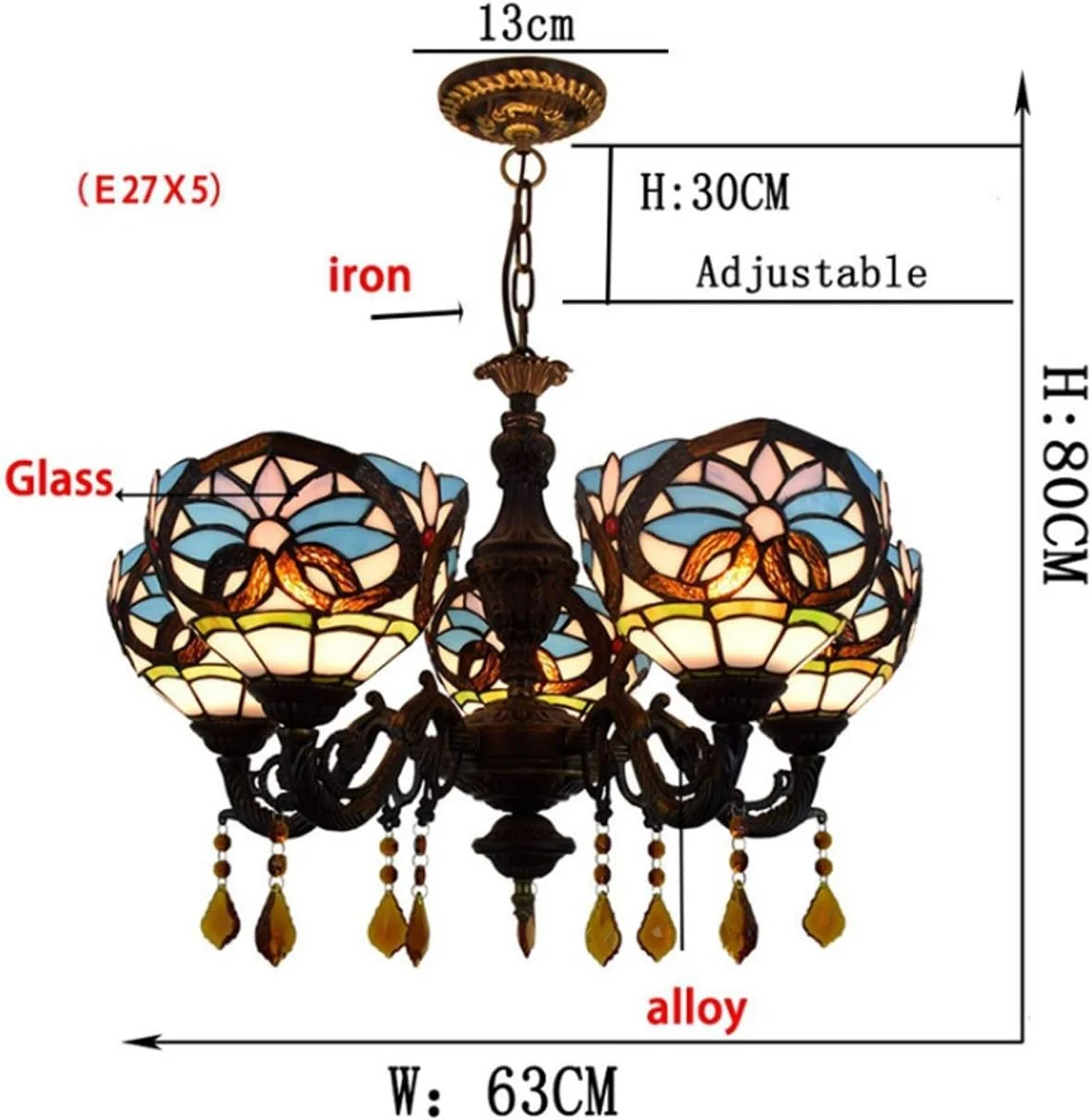 لوستر باروک 5 شاخه شیشه ای رنگی به سبک تیفانی با آباژور 8 اینچی، مناسب اتاق نشیمن لوستر باروک 5 شاخه شیشه ای رنگی به سبک تیفانی با آباژور 8 اینچی، مناسب اتاق نشیمن