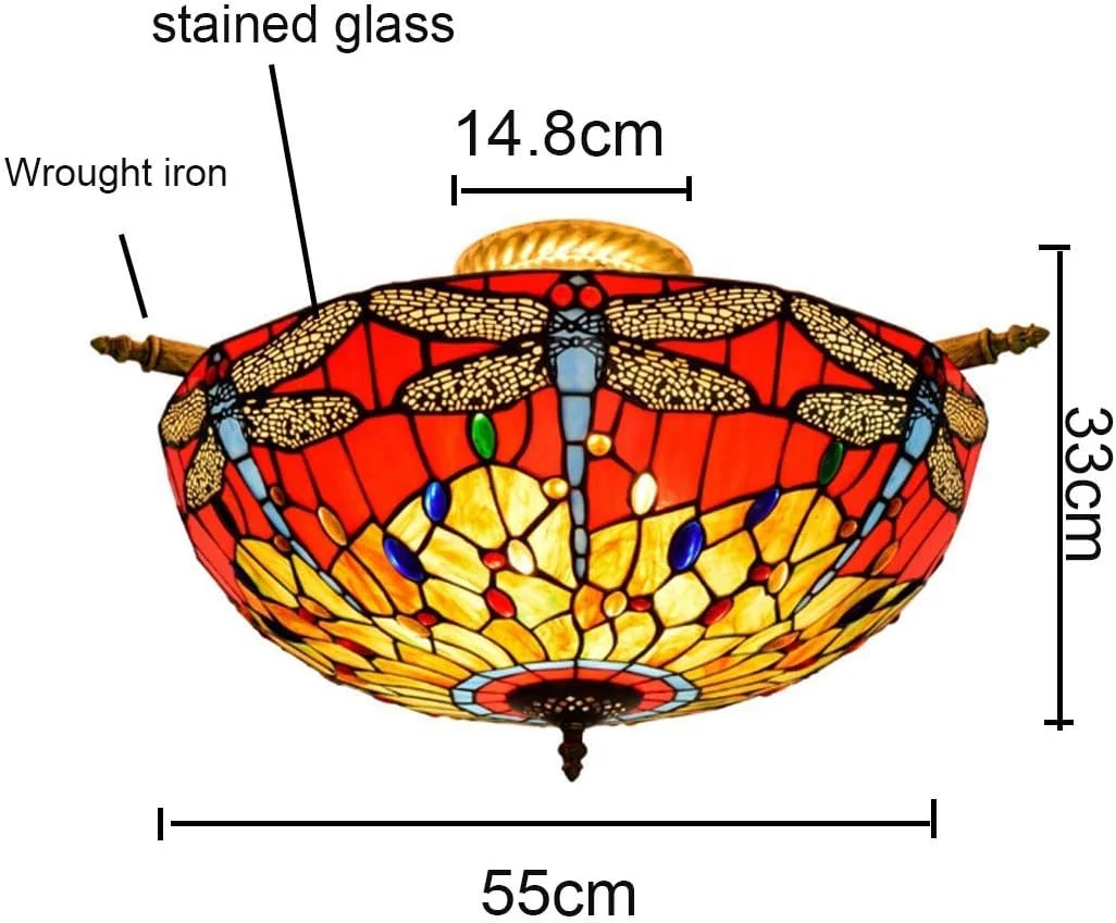 چراغ سقفی تيفانى مدل وینتج، چراغ آویز شیشه ای رنگی طرح سنجاقک، مناسب برای نورپردازی دکوراتیو اتاق خواب و اتاق غذاخوری، 40 وات، E27*5، 20 اینچ