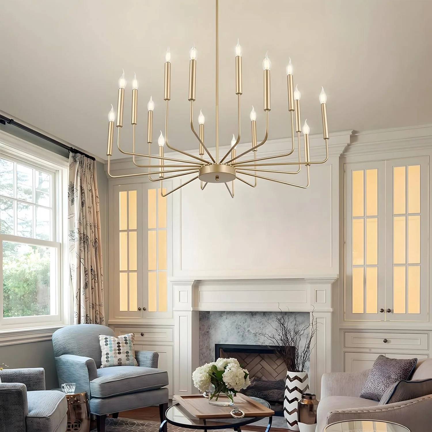 لوستر مدرن طلایی WayLuoung، روشنایی لوستر فلزی صنعتی 16 شاخه، آویز شمعی کلاسیک برای جزیره آشپزخانه، اتاق غذاخوری، اتاق نشیمن، راه پله E14 (لامپ ها شامل نمی شوند)