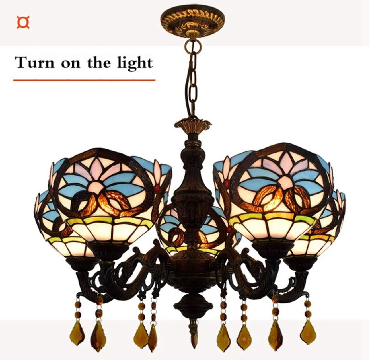 لوستر باروک 5 شاخه شیشه ای رنگی به سبک تیفانی با آباژور 8 اینچی، مناسب اتاق نشیمن لوستر باروک 5 شاخه شیشه ای رنگی به سبک تیفانی با آباژور 8 اینچی، مناسب اتاق نشیمن
