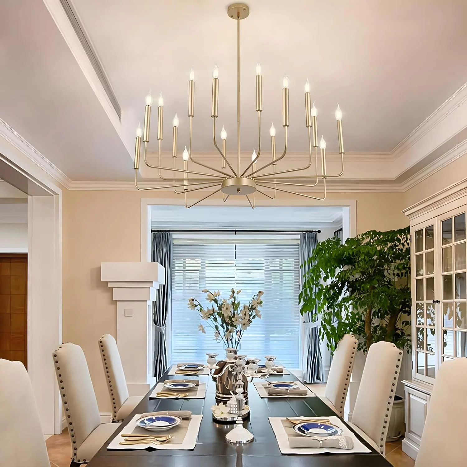 لوستر مدرن طلایی WayLuoung، روشنایی لوستر فلزی صنعتی 16 شاخه، آویز شمعی کلاسیک برای جزیره آشپزخانه، اتاق غذاخوری، اتاق نشیمن، راه پله E14 (لامپ ها شامل نمی شوند)