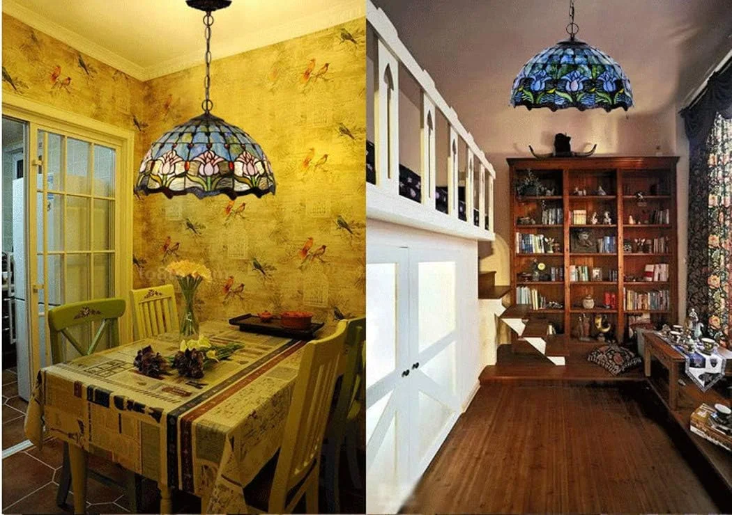 لوستر آویز سبک تیفانی وینتیج 15.7 اینچی با حباب گل لاله شیشه ای رنگی، مناسب اتاق نشیمن و اتاق خواب لوستر آویز سبک تیفانی وینتیج 15.7 اینچی با حباب گل لاله شیشه ای رنگی، مناسب اتاق نشیمن و اتاق خواب