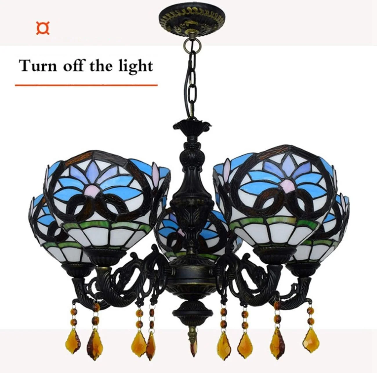 لوستر باروک 5 شاخه شیشه ای رنگی به سبک تیفانی با آباژور 8 اینچی، مناسب اتاق نشیمن لوستر باروک 5 شاخه شیشه ای رنگی به سبک تیفانی با آباژور 8 اینچی، مناسب اتاق نشیمن