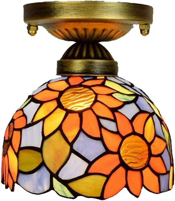 چراغ سقفی راهروی وینتیج 8 اینچی به سبک تیفانی طرح گل آفتابگردان شیشه رنگی دست ساز چراغ سقفی ال ای دی برای اتاق نشیمن اتاق خواب راهرو