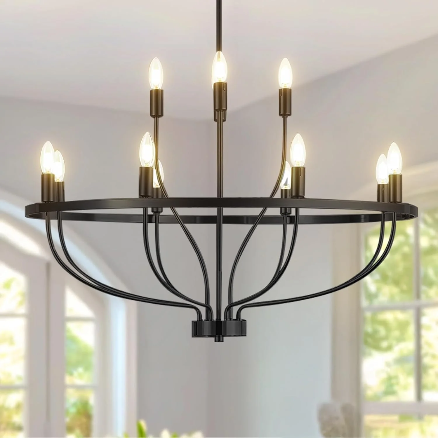 لوستر آویز شمعی وینتیج USOR، لوستر چرخ ارابه ای مناسب برای میز ناهارخوری، اتاق نشیمن و آشپزخانه، دارای لامپ های E14 (مشکی، 12 شعله) لوستر آویز شمعی وینتیج USOR، لوستر چرخ ارابه ای مناسب برای میز ناهارخوری، اتاق نشیمن و آشپزخانه، دارای لامپ های E14 (مشکی، 12 شعله)