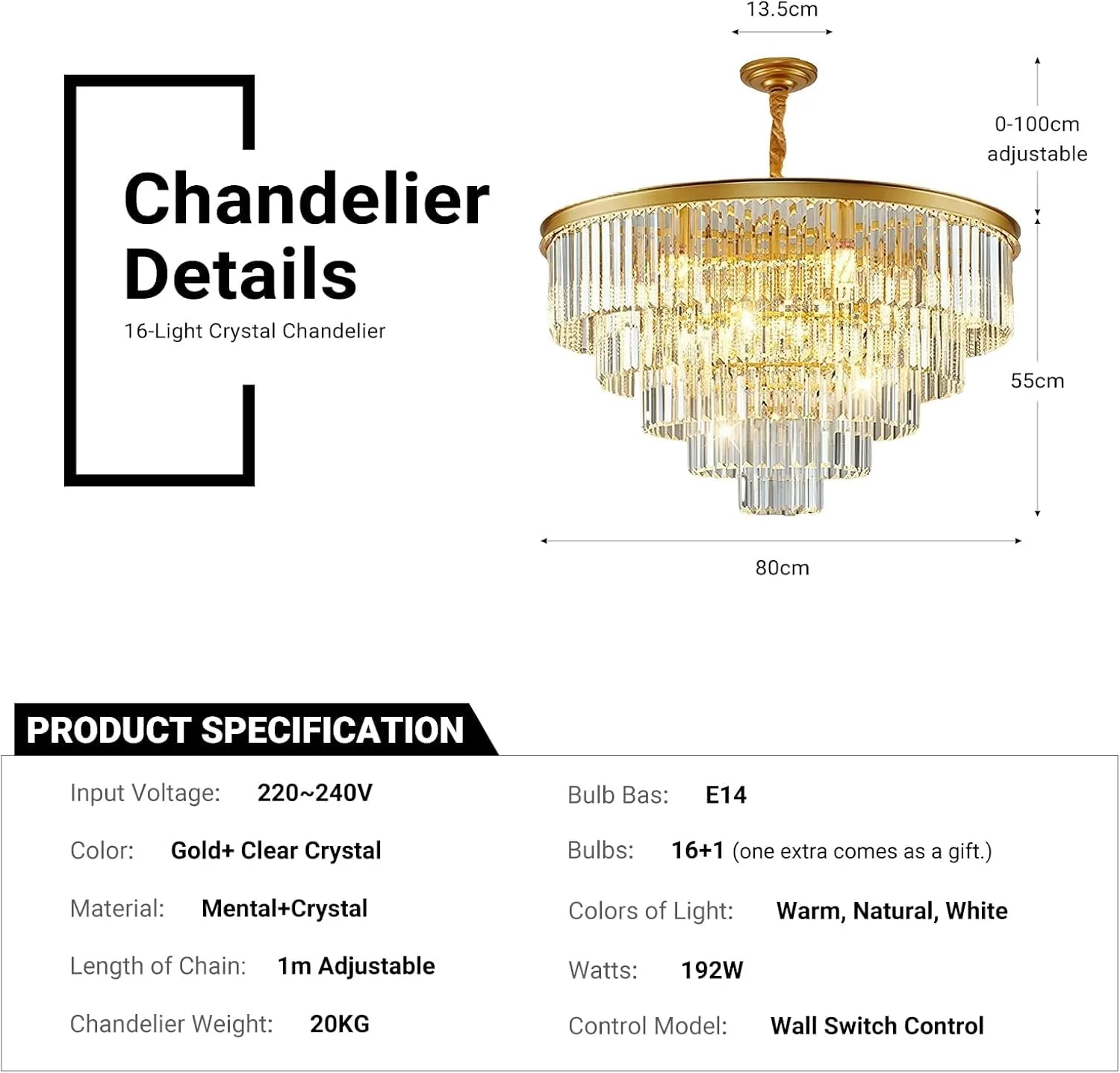 لوستر کریستالی بزرگ ۱۶ شاخه USOR مدل D80cm H50cm، لوکس مدرن، مناسب نصب روی سقف، دارای ۳ رنگ نور، آویز کریستالی K9 طلایی برای اتاق ناهارخوری، اتاق نشیمن، اتاق خواب، ورودی لوستر کریستالی بزرگ ۱۶ شاخه USOR مدل D80cm H50cm، لوکس مدرن، مناسب نصب روی سقف، دارای ۳ رنگ نور، آویز کریستالی K9 طلایی برای اتاق ناهارخوری، اتاق نشیمن، اتاق خواب، ورودی