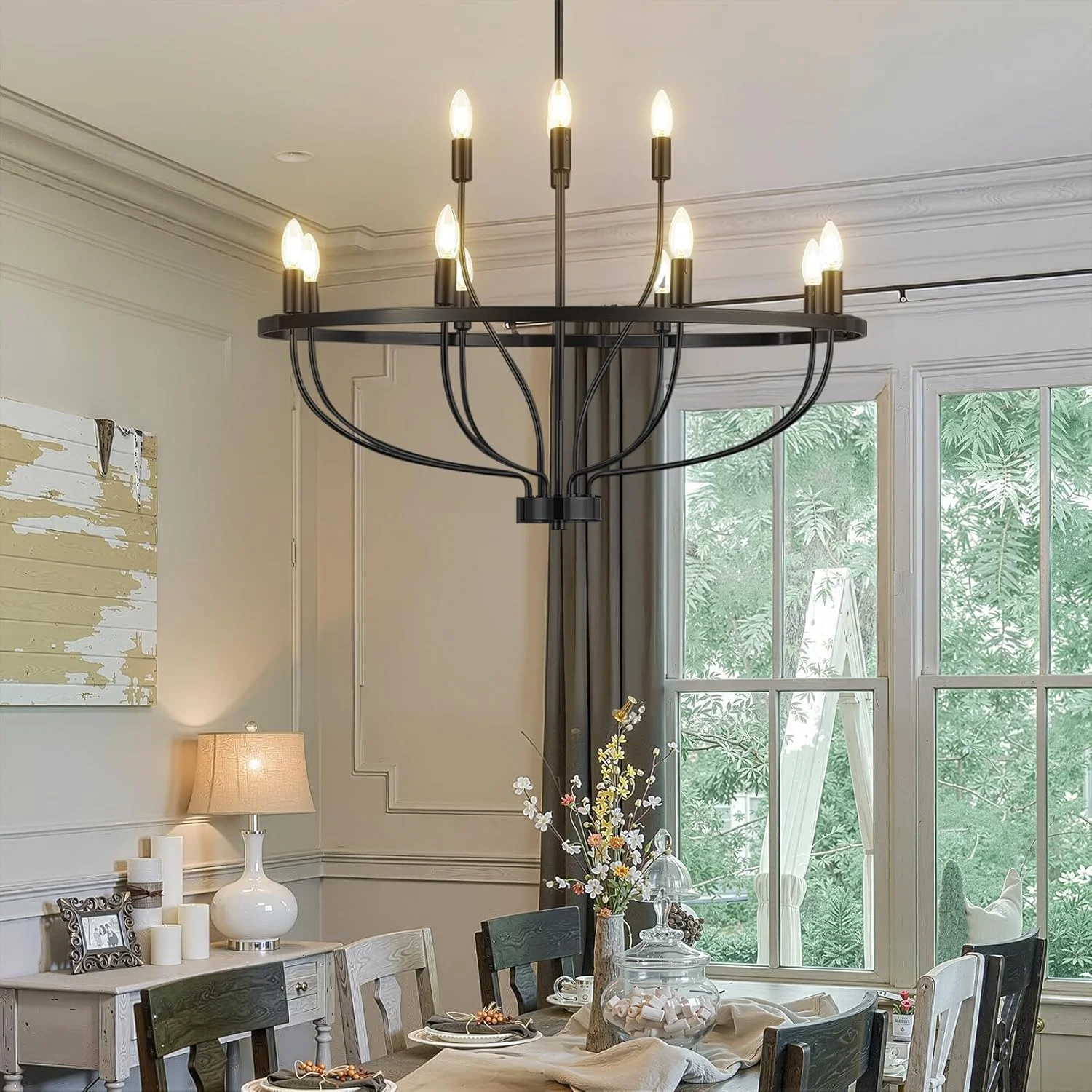 لوستر آویز شمعی وینتیج USOR، لوستر چرخ ارابه ای مناسب برای میز ناهارخوری، اتاق نشیمن و آشپزخانه، دارای لامپ های E14 (مشکی، 12 شعله) لوستر آویز شمعی وینتیج USOR، لوستر چرخ ارابه ای مناسب برای میز ناهارخوری، اتاق نشیمن و آشپزخانه، دارای لامپ های E14 (مشکی، 12 شعله)