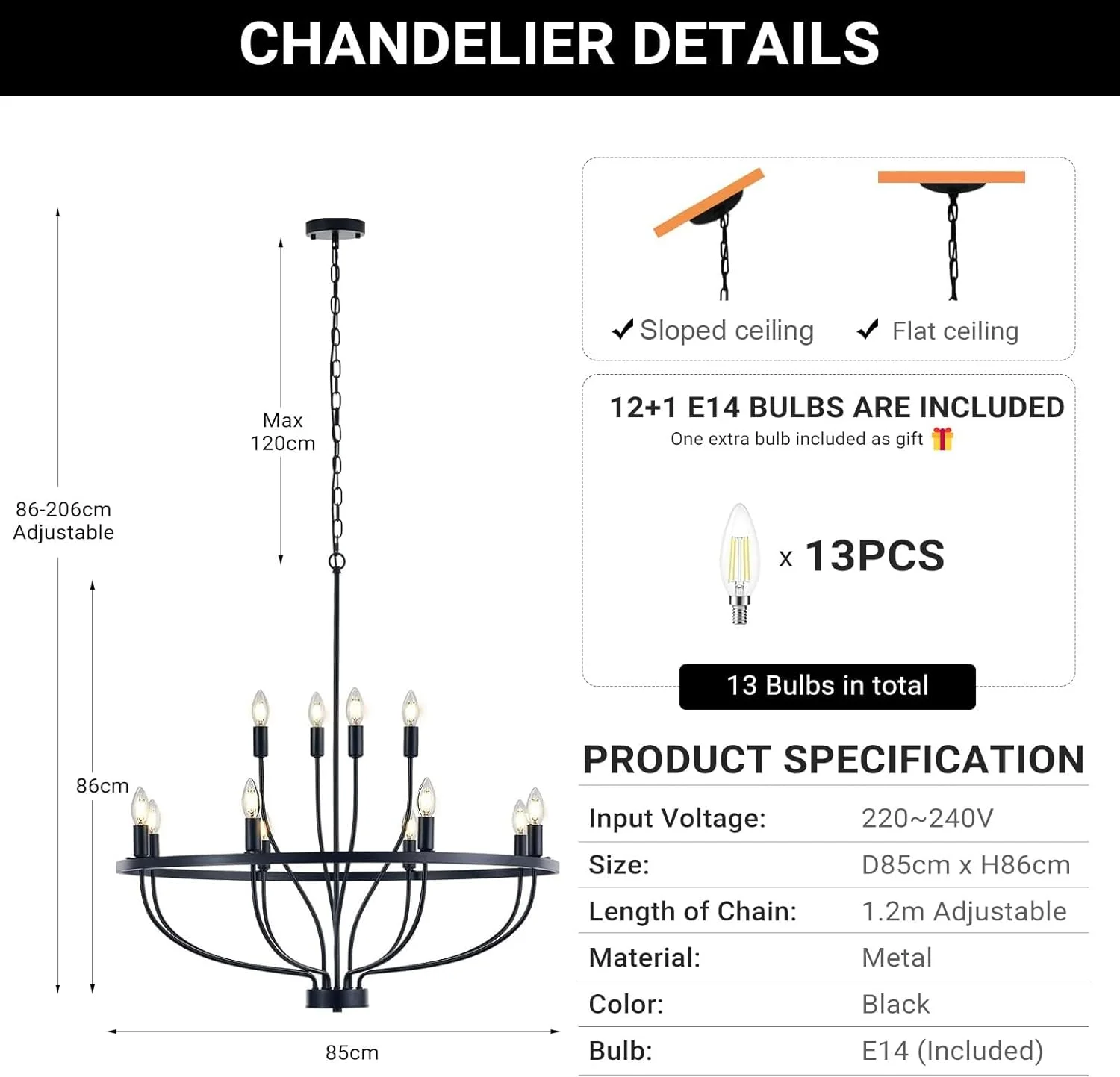 لوستر آویز شمعی وینتیج USOR، لوستر چرخ ارابه ای مناسب برای میز ناهارخوری، اتاق نشیمن و آشپزخانه، دارای لامپ های E14 (مشکی، 12 شعله) لوستر آویز شمعی وینتیج USOR، لوستر چرخ ارابه ای مناسب برای میز ناهارخوری، اتاق نشیمن و آشپزخانه، دارای لامپ های E14 (مشکی، 12 شعله)