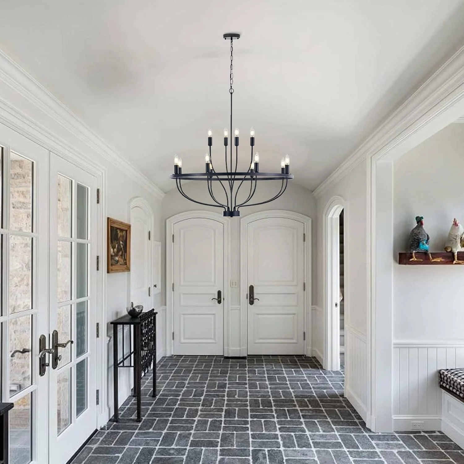 لوستر آویز شمعی وینتیج USOR، لوستر چرخ ارابه ای مناسب برای میز ناهارخوری، اتاق نشیمن و آشپزخانه، دارای لامپ های E14 (مشکی، 12 شعله) لوستر آویز شمعی وینتیج USOR، لوستر چرخ ارابه ای مناسب برای میز ناهارخوری، اتاق نشیمن و آشپزخانه، دارای لامپ های E14 (مشکی، 12 شعله)