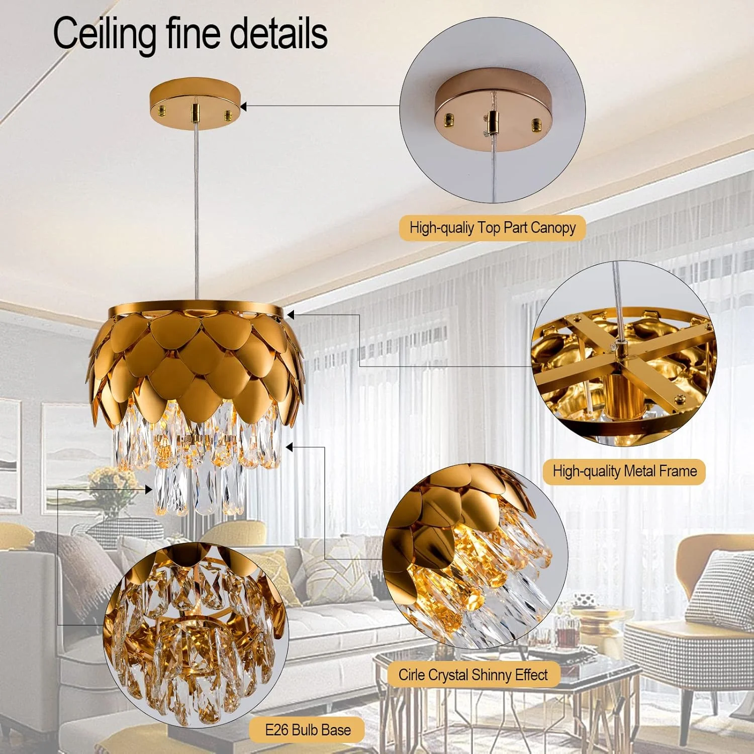 لوستر کریستالی لوکس Uihasn K9 با پایه طرح پولک طلایی، چراغ آویز سقفی گرد مدرن برای اتاق ناهارخوری، اتاق خواب، حمام، سرسرا، اتاق نشیمن لوستر کریستالی لوکس Uihasn K9 با پایه طرح پولک طلایی، چراغ آویز سقفی گرد مدرن برای اتاق ناهارخوری، اتاق خواب، حمام، سرسرا، اتاق نشیمن