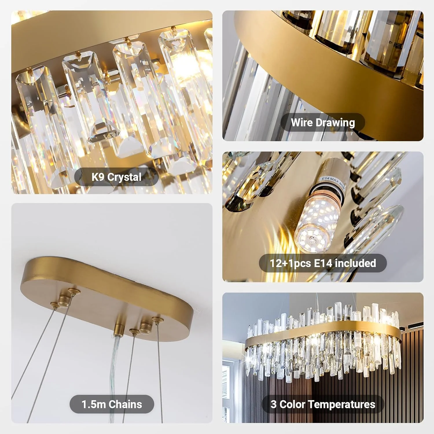 لوستر کریستالی مدرن USOR، چراغ آویز طلایی 12 شاخه L80xW35cm، چراغ سقفی کریستالی مستطیلی K9 معاصر برای اتاق ناهارخوری، اتاق نشیمن، جزیره آشپزخانه، شامل لامپ های 3 رنگ لوستر کریستالی مدرن USOR، چراغ آویز طلایی 12 شاخه L80xW35cm، چراغ سقفی کریستالی مستطیلی K9 معاصر برای اتاق ناهارخوری، اتاق نشیمن، جزیره آشپزخانه، شامل لامپ های 3 رنگ