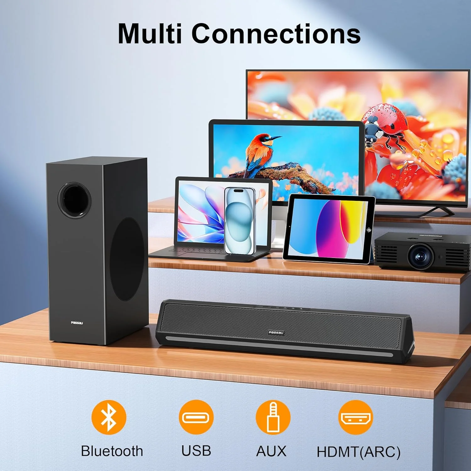 پاسائو ساندبار برای تلویزیون، اسپیکر با درایورهای فول رنج، قابلیت تنظیم بیس/تریبل، بلوتوث 5.1، ورودی USB و AUX، 5 اکولایزر صدا برای سیستم صوتی فراگیر سه بعدی سینمای خانگی، پروژکتور تلویزیون و کامپیوتر - 22 اینچ پاسائو ساندبار برای تلویزیون، اسپیکر با درایورهای فول رنج، قابلیت تنظیم بیس/تریبل، بلوتوث 5.1، ورودی USB و AUX، 5 اکولایزر صدا برای سیستم صوتی فراگیر سه بعدی سینمای خانگی، پروژکتور تلویزیون و کامپیوتر - 22 اینچ