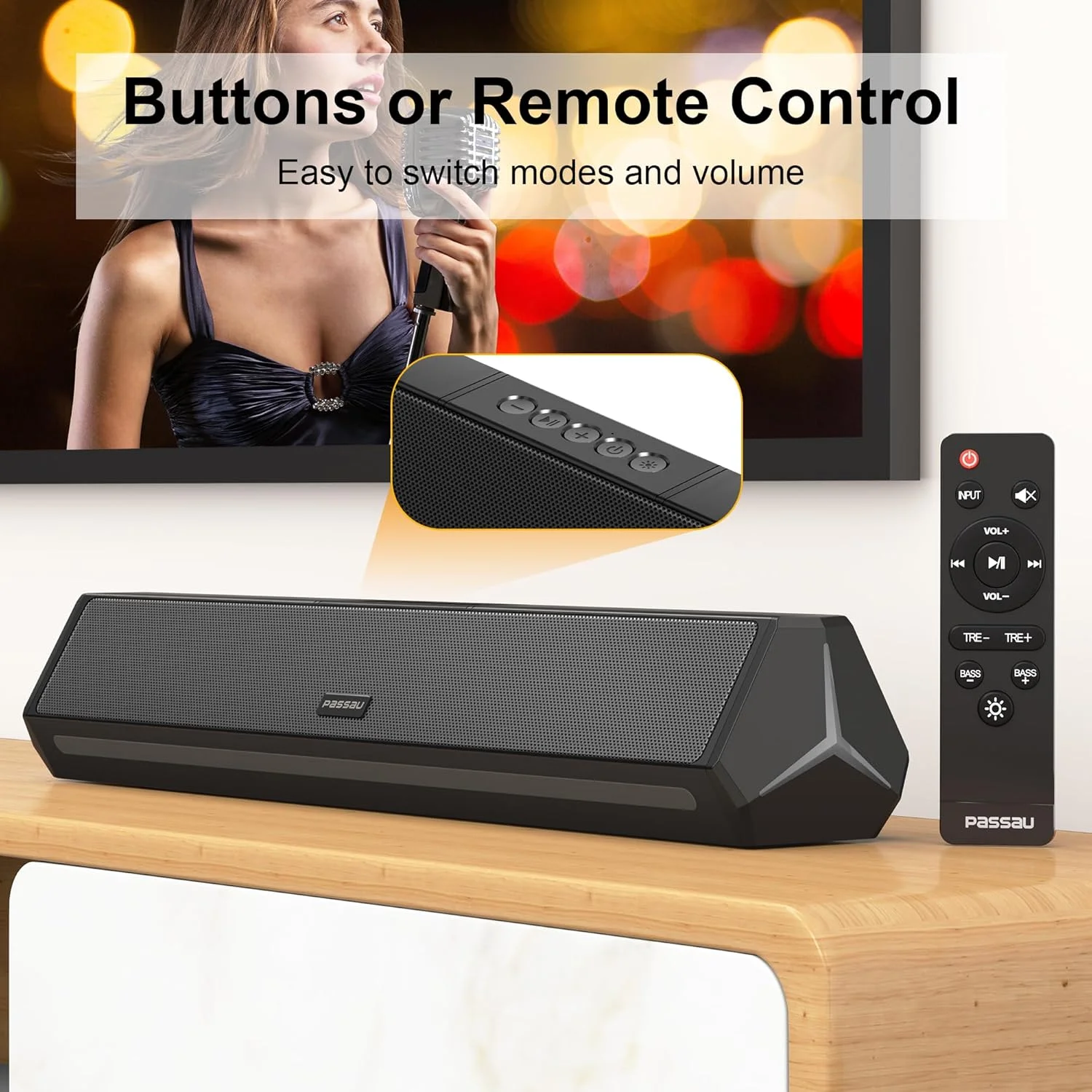 پاسائو ساندبار برای تلویزیون، اسپیکر با درایورهای فول رنج، قابلیت تنظیم بیس/تریبل، بلوتوث 5.1، ورودی USB و AUX، 5 اکولایزر صدا برای سیستم صوتی فراگیر سه بعدی سینمای خانگی، پروژکتور تلویزیون و کامپیوتر - 22 اینچ پاسائو ساندبار برای تلویزیون، اسپیکر با درایورهای فول رنج، قابلیت تنظیم بیس/تریبل، بلوتوث 5.1، ورودی USB و AUX، 5 اکولایزر صدا برای سیستم صوتی فراگیر سه بعدی سینمای خانگی، پروژکتور تلویزیون و کامپیوتر - 22 اینچ