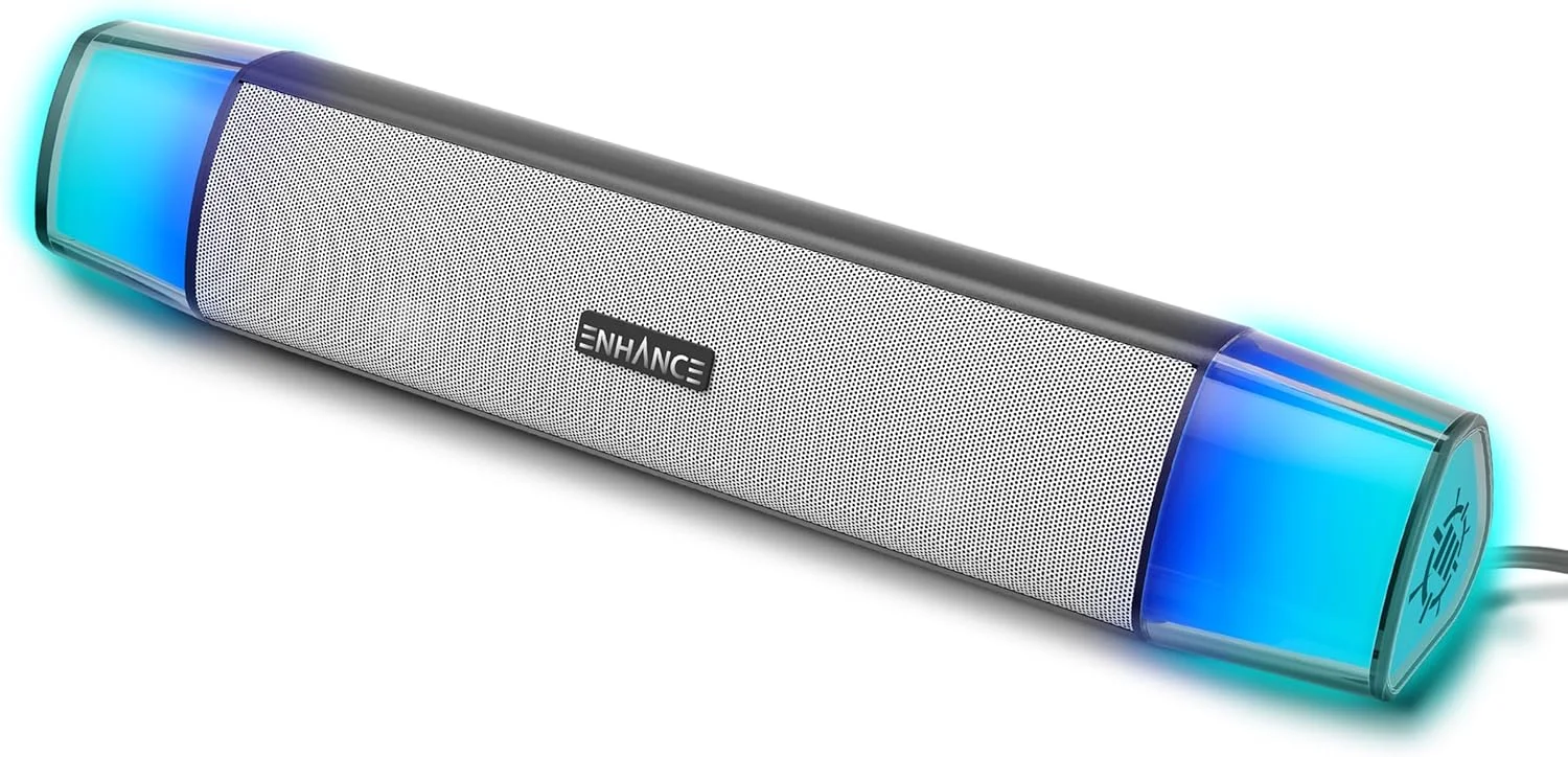 اسپیکر کامپیوتر سفید ENHANCE Theorem 3 برای رایانه شخصی - تغذیه از طریق USB، ساندبار زیر مانیتور با توان پیک 12 وات، 5 حالت رنگی، کنترلر درون خطی، اسپیکر کامپیوتر برای رایانه شخصی رومیزی اسپیکر کامپیوتر سفید ENHANCE Theorem 3 برای رایانه شخصی - تغذیه از طریق USB، ساندبار زیر مانیتور با توان پیک 12 وات، 5 حالت رنگی، کنترلر درون خطی، اسپیکر کامپیوتر برای رایانه شخصی رومیزی