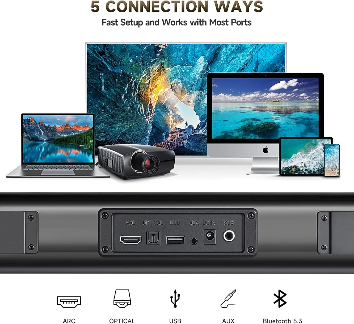 اسپیکر ساندبار بلوتوث بی سیم Fansbe Direct، ساندبار ساب ووفر اسپیکر تلویزیون، ساندبار صدای فراگیر سینمای خانگی HDMI(ARC) Optical AUX USB 2.1 کانال سیستم صوتی خانگی تلویزیون کامپیوتر قابل نصب روی دیوار، مشکی اسپیکر ساندبار بلوتوث بی سیم Fansbe Direct، ساندبار ساب ووفر اسپیکر تلویزیون، ساندبار صدای فراگیر سینمای خانگی HDMI(ARC) Optical AUX USB 2.1 کانال سیستم صوتی خانگی تلویزیون کامپیوتر قابل نصب روی دیوار، مشکی