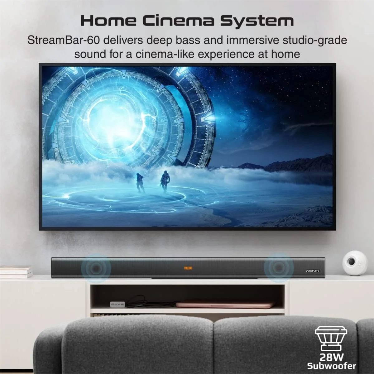 اسپیکر نواری Promate با ساب ووفر، اسپیکر بلوتوثی 60 واتی نسخه 5.0 با قابلیت اتصال چندگانه به همراه ساب ووفر 28 واتی، کنترل از راه دور، پورت HDMI، پورت USB، ورودی AUX و اپتیکال مناسب برای آیفون 14، تلویزیون ال جی، مدل StreamBar-60 اسپیکر نواری Promate با ساب ووفر، اسپیکر بلوتوثی 60 واتی نسخه 5.0 با قابلیت اتصال چندگانه به همراه ساب ووفر 28 واتی، کنترل از راه دور، پورت HDMI، پورت USB، ورودی AUX و اپتیکال مناسب برای آیفون 14، تلویزیون ال جی، مدل StreamBar-60