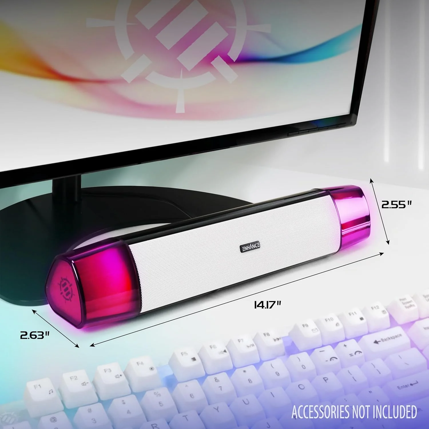 اسپیکر کامپیوتر سفید ENHANCE Theorem 3 برای رایانه شخصی - تغذیه از طریق USB، ساندبار زیر مانیتور با توان پیک 12 وات، 5 حالت رنگی، کنترلر درون خطی، اسپیکر کامپیوتر برای رایانه شخصی رومیزی اسپیکر کامپیوتر سفید ENHANCE Theorem 3 برای رایانه شخصی - تغذیه از طریق USB، ساندبار زیر مانیتور با توان پیک 12 وات، 5 حالت رنگی، کنترلر درون خطی، اسپیکر کامپیوتر برای رایانه شخصی رومیزی