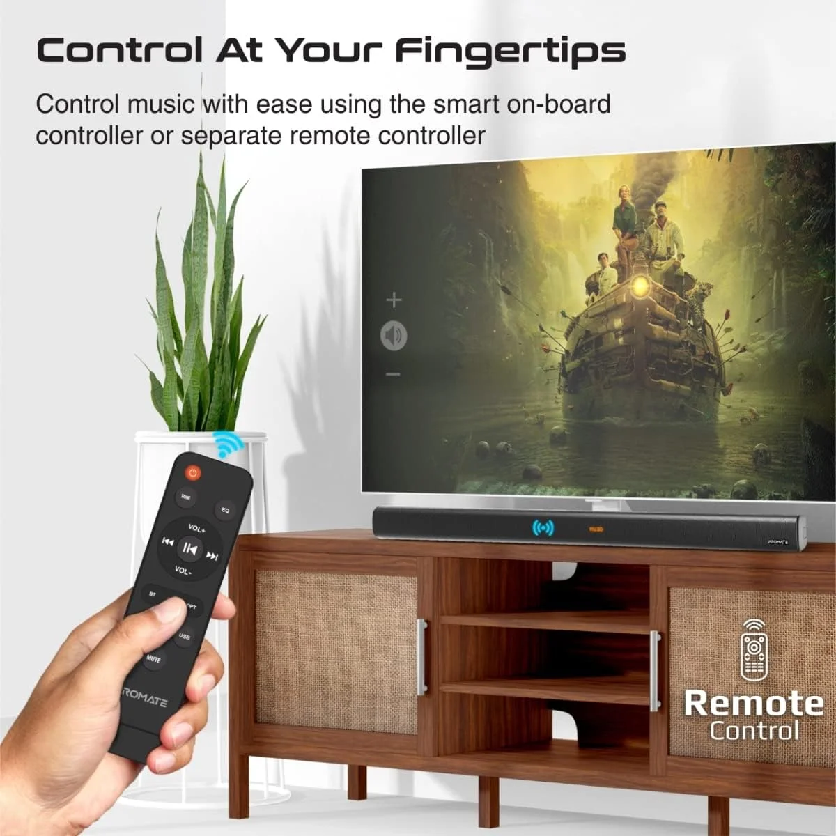 اسپیکر نواری Promate با ساب ووفر، اسپیکر بلوتوثی 60 واتی نسخه 5.0 با قابلیت اتصال چندگانه به همراه ساب ووفر 28 واتی، کنترل از راه دور، پورت HDMI، پورت USB، ورودی AUX و اپتیکال مناسب برای آیفون 14، تلویزیون ال جی، مدل StreamBar-60 اسپیکر نواری Promate با ساب ووفر، اسپیکر بلوتوثی 60 واتی نسخه 5.0 با قابلیت اتصال چندگانه به همراه ساب ووفر 28 واتی، کنترل از راه دور، پورت HDMI، پورت USB، ورودی AUX و اپتیکال مناسب برای آیفون 14، تلویزیون ال جی، مدل StreamBar-60