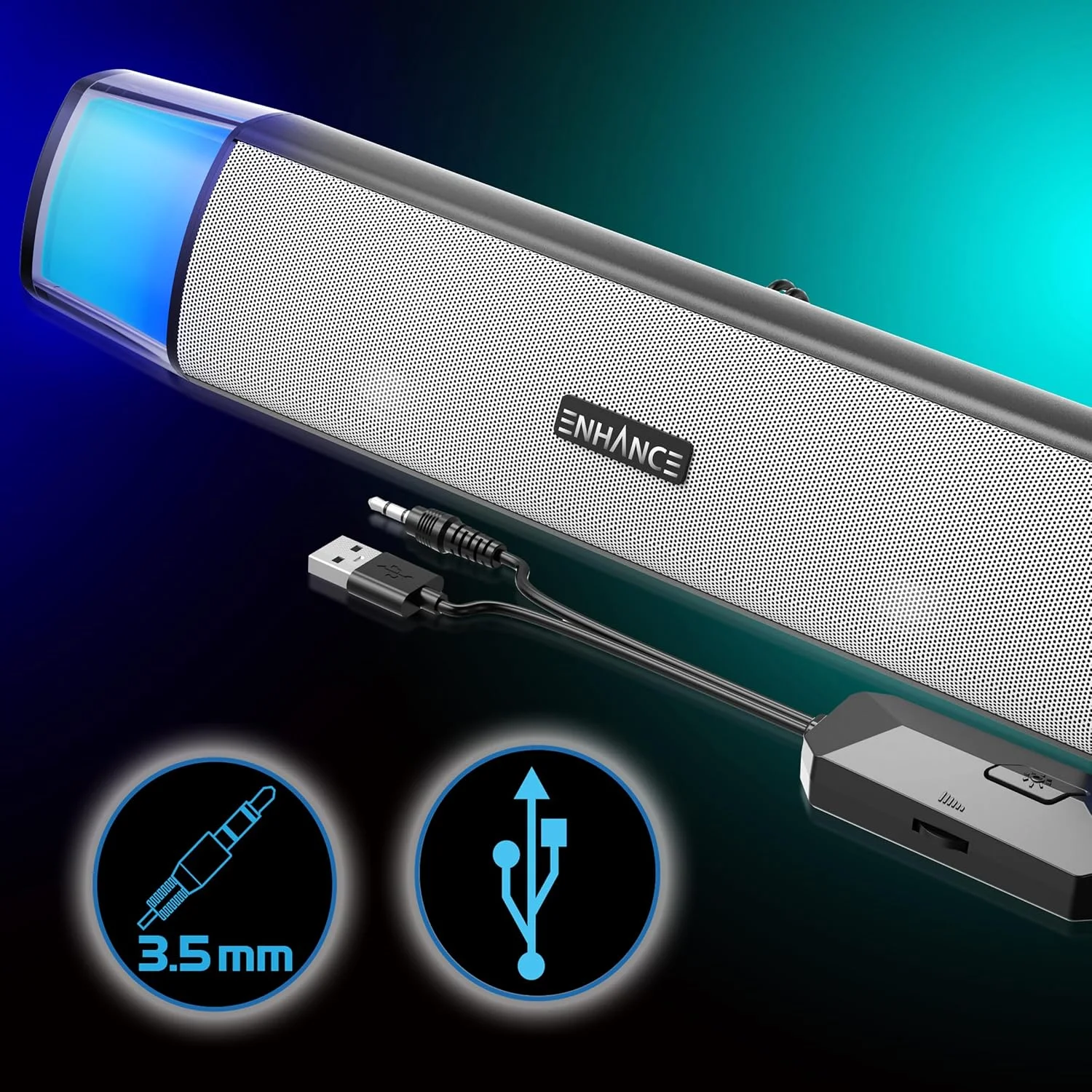 اسپیکر کامپیوتر سفید ENHANCE Theorem 3 برای رایانه شخصی - تغذیه از طریق USB، ساندبار زیر مانیتور با توان پیک 12 وات، 5 حالت رنگی، کنترلر درون خطی، اسپیکر کامپیوتر برای رایانه شخصی رومیزی اسپیکر کامپیوتر سفید ENHANCE Theorem 3 برای رایانه شخصی - تغذیه از طریق USB، ساندبار زیر مانیتور با توان پیک 12 وات، 5 حالت رنگی، کنترلر درون خطی، اسپیکر کامپیوتر برای رایانه شخصی رومیزی