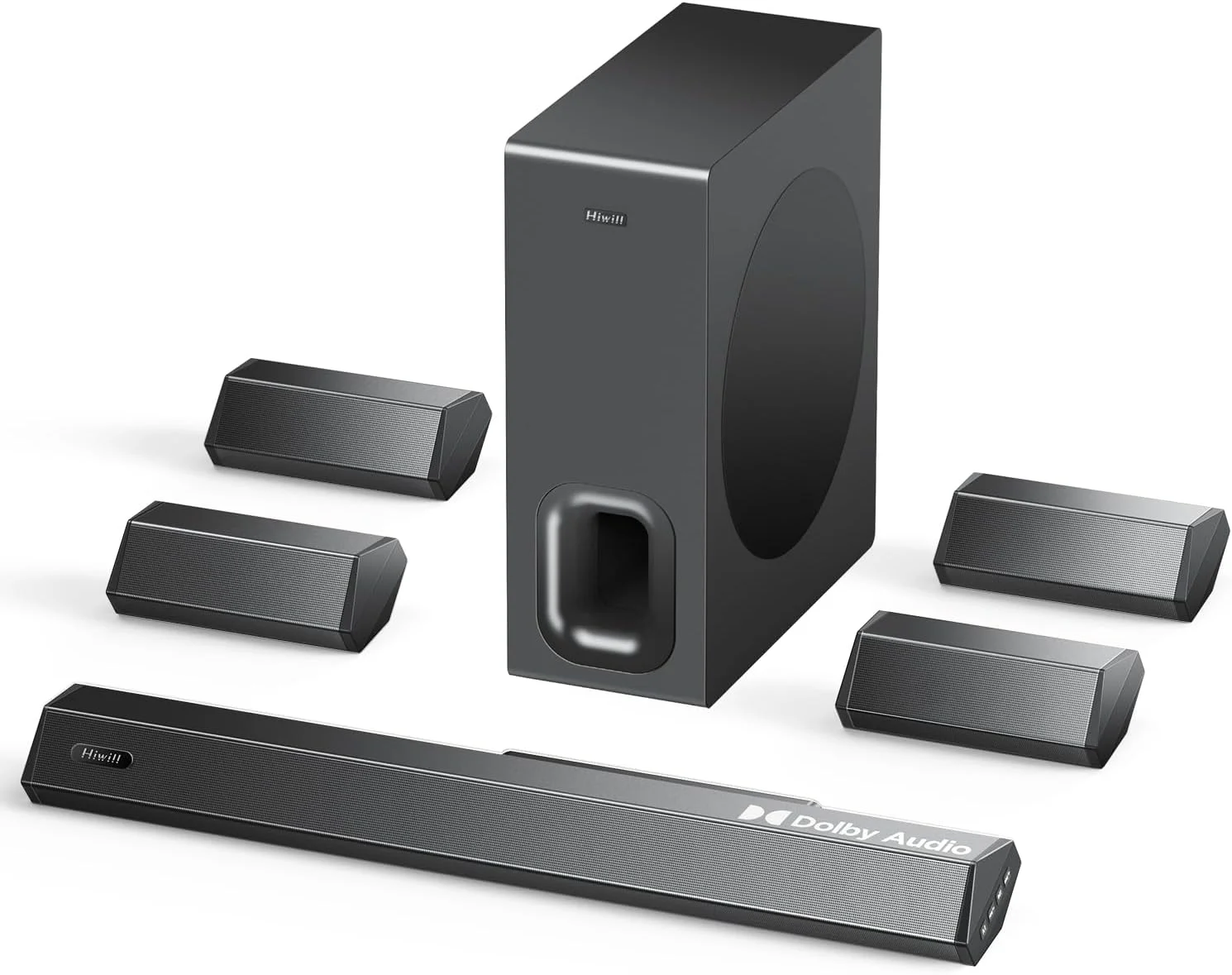 ساندبار صوتی 7.1 کاناله Hiwill دالبی برای تلویزیون هوشمند، 4 بلندگوی فراگیر، توان پیک 410 وات، سیستم صوتی فراگیر سینمای خانگی، ساندبار تلویزیون با ساب ووفر بی سیم، بلندگوهای بلوتوث 5.3، HDMI ARC/Opt