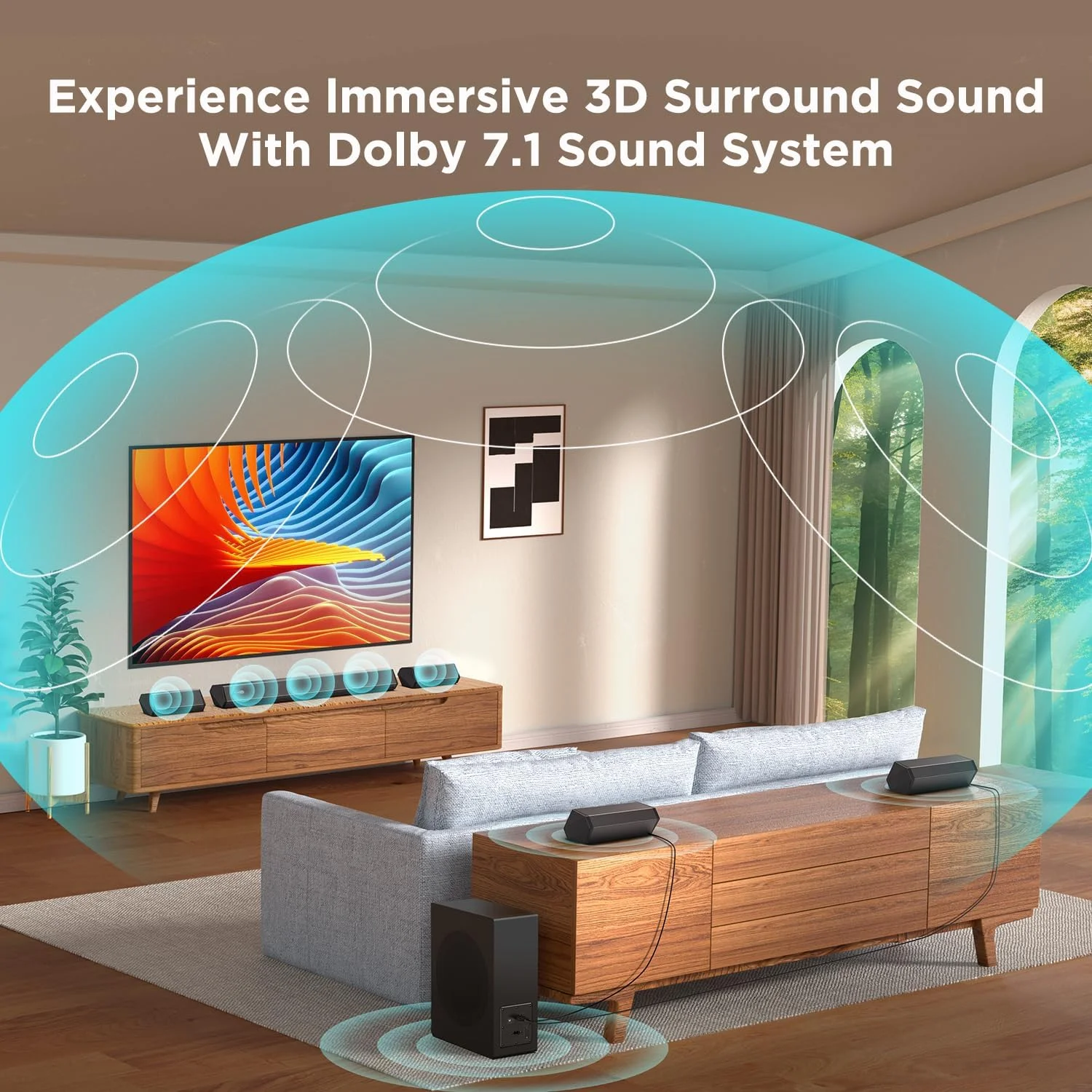 ساندبار صوتی 7.1 کاناله Hiwill دالبی برای تلویزیون هوشمند، 4 بلندگوی فراگیر، توان پیک 410 وات، سیستم صوتی فراگیر سینمای خانگی، ساندبار تلویزیون با ساب ووفر بی سیم، بلندگوهای بلوتوث 5.3، HDMI ARC/Opt