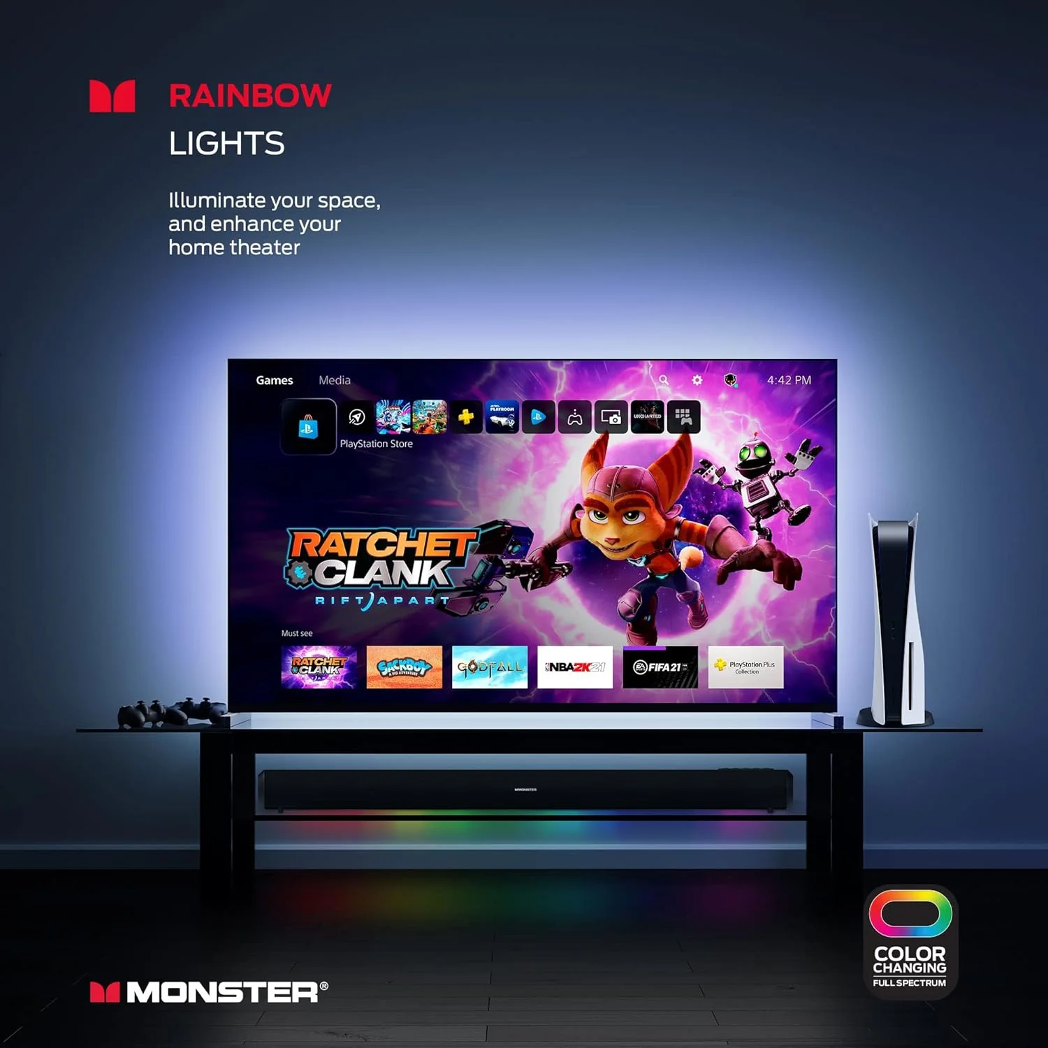 ساندبار مانستر: ساندبار بلوتوث سینمای خانگی با چراغ های LED چند رنگ، بلندگوهای 30 واتی، کنترل از راه دور، اتصال AUX نوری، 37 اینچ، مشکی ساندبار مانستر: ساندبار بلوتوث سینمای خانگی با چراغ های LED چند رنگ، بلندگوهای 30 واتی، کنترل از راه دور، اتصال AUX نوری، 37 اینچ، مشکی