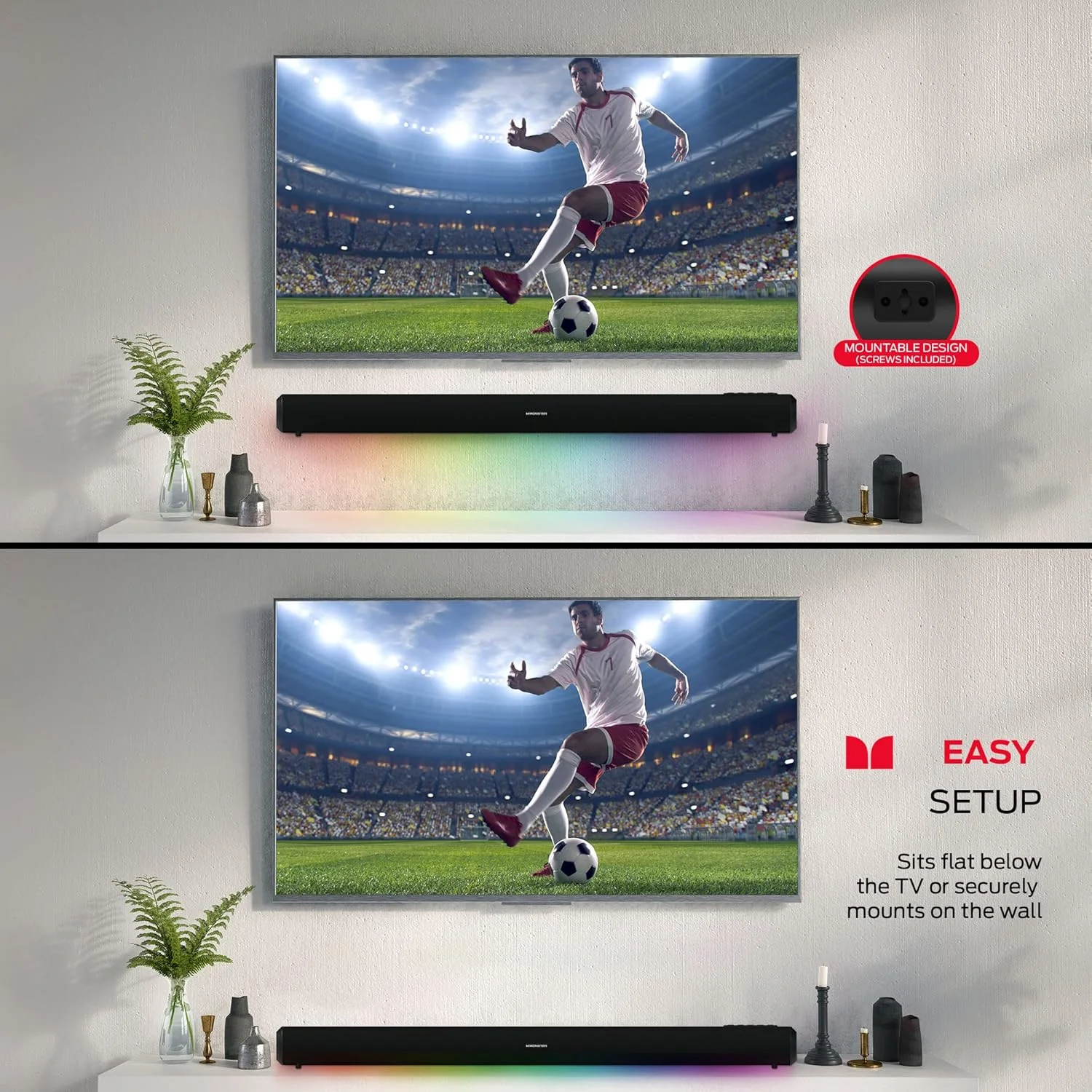 ساندبار مانستر: ساندبار بلوتوث سینمای خانگی با چراغ های LED چند رنگ، بلندگوهای 30 واتی، کنترل از راه دور، اتصال AUX نوری، 37 اینچ، مشکی ساندبار مانستر: ساندبار بلوتوث سینمای خانگی با چراغ های LED چند رنگ، بلندگوهای 30 واتی، کنترل از راه دور، اتصال AUX نوری، 37 اینچ، مشکی